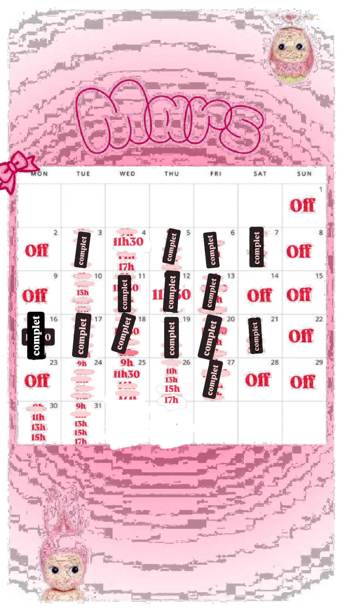 Planning disponibilités April Nail's - Prothésiste ongulaire Auxonne