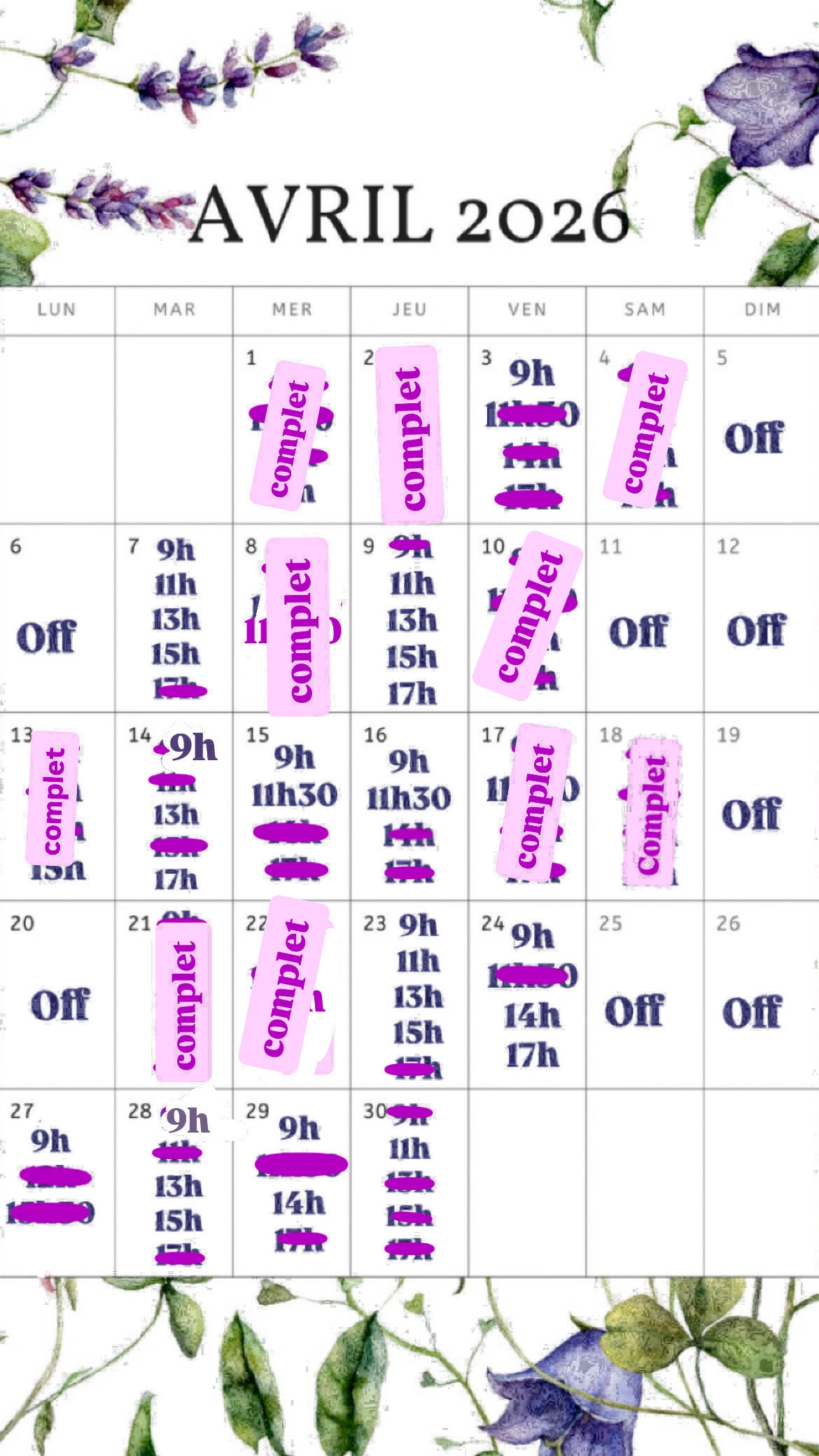 Planning disponibilités April Nail's - Prothésiste ongulaire Auxonne