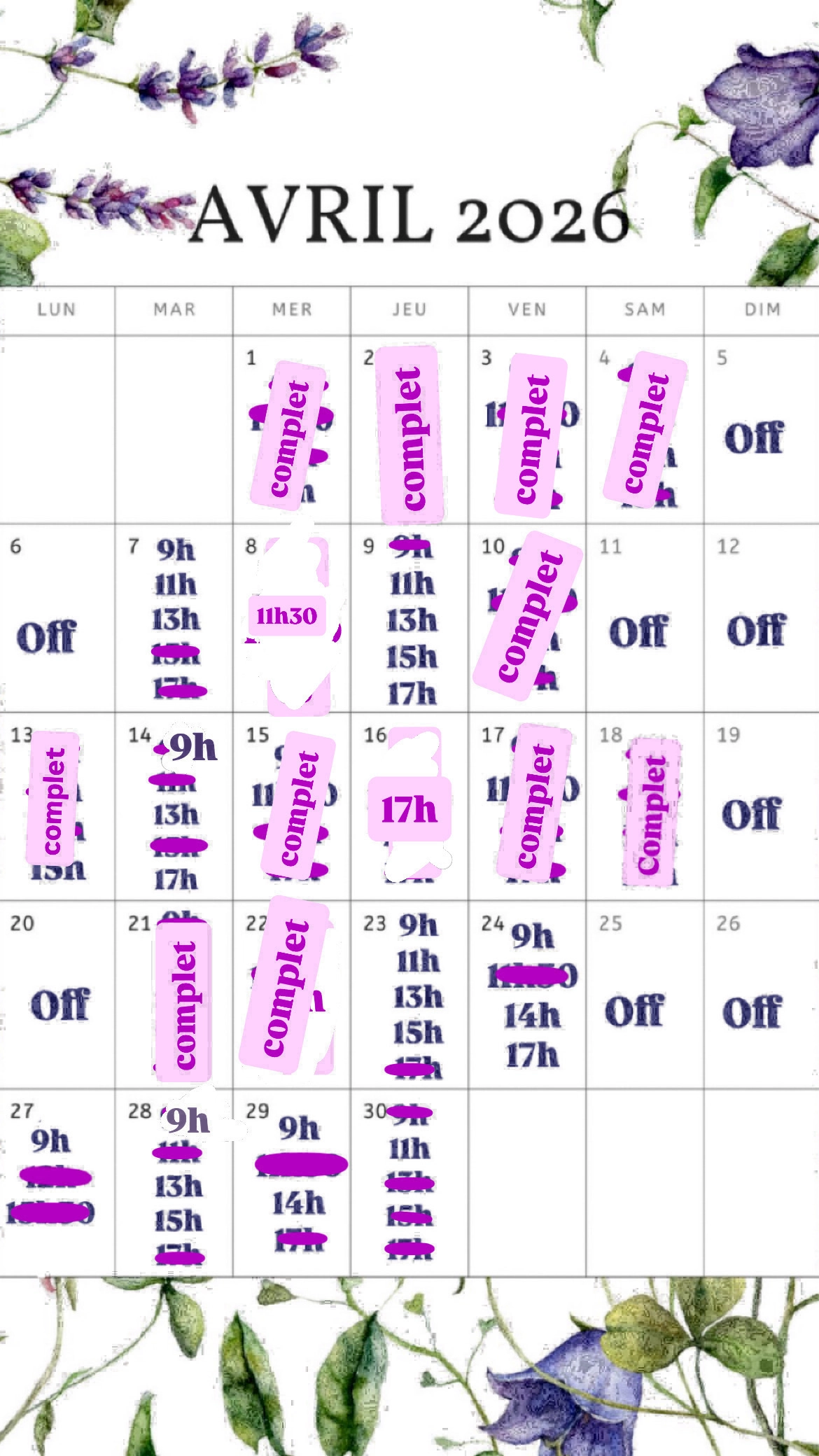 Planning disponibilités April Nail's - Prothésiste ongulaire Auxonne