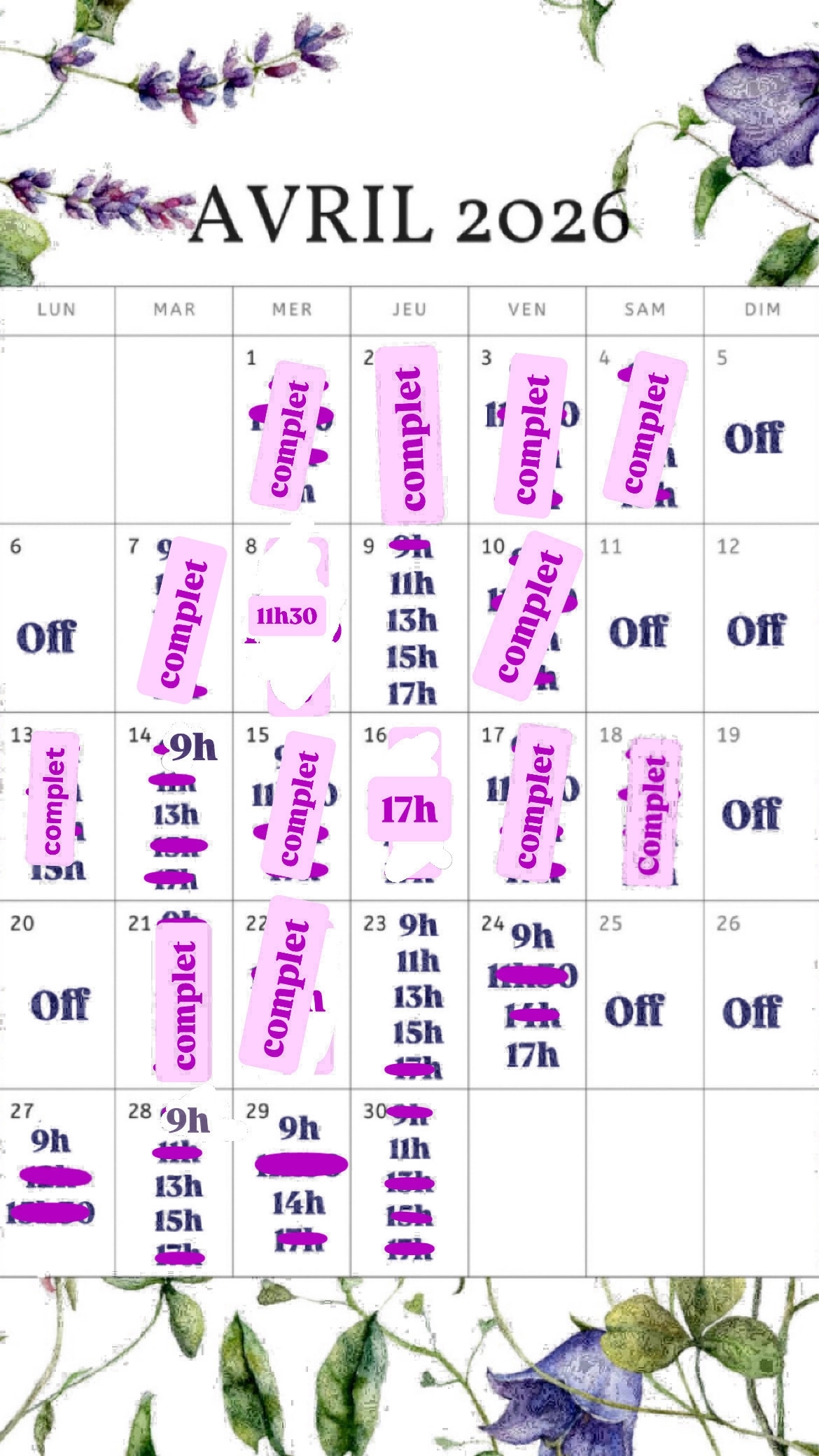 Planning disponibilités April Nail's - Prothésiste ongulaire Auxonne