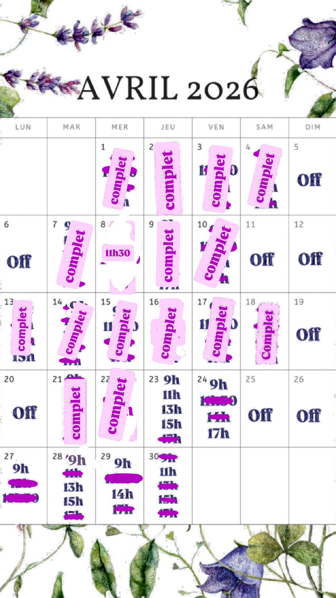 Planning disponibilités April Nail's - Prothésiste ongulaire Auxonne