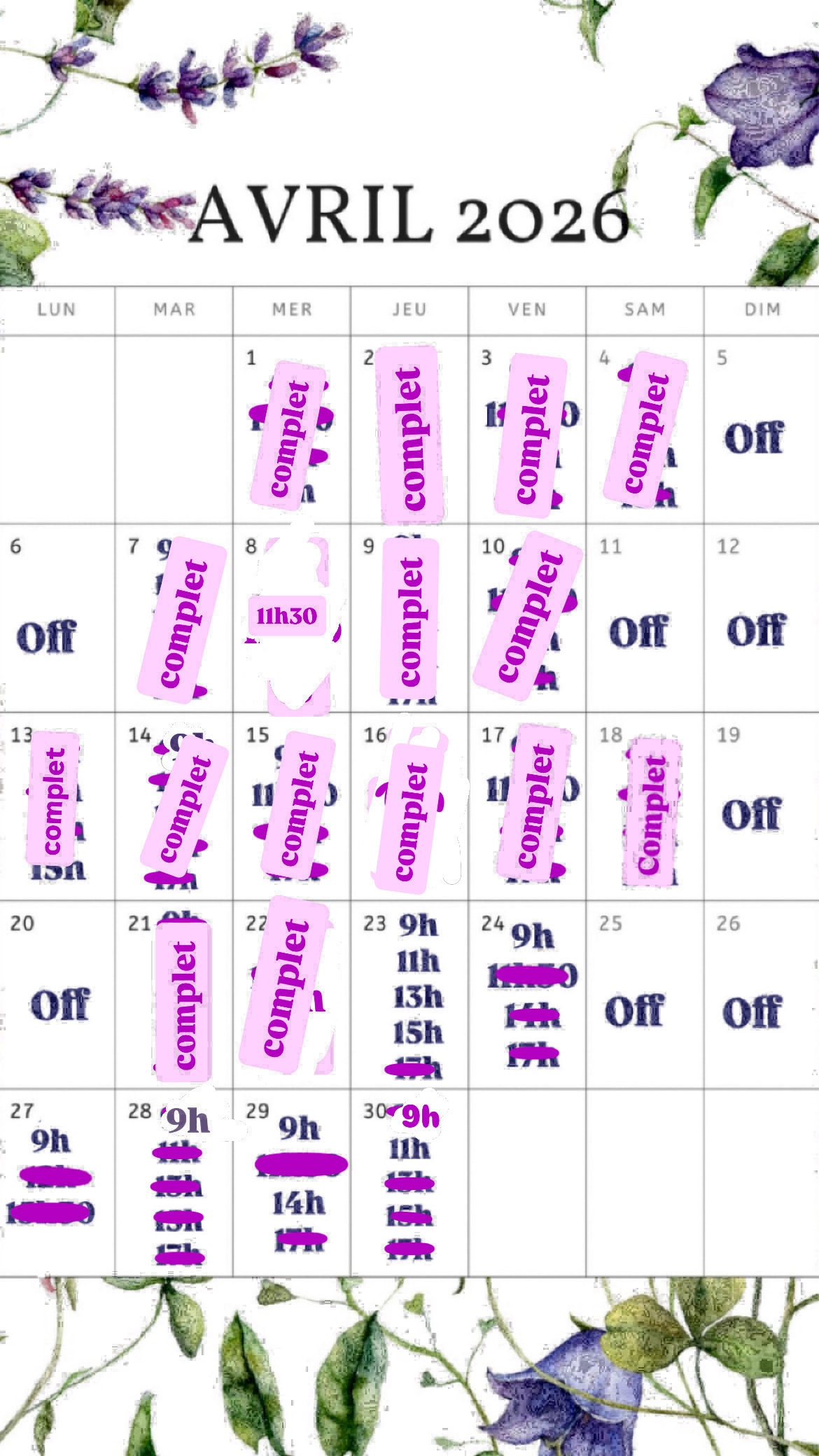 Planning disponibilités April Nail's - Prothésiste ongulaire Auxonne