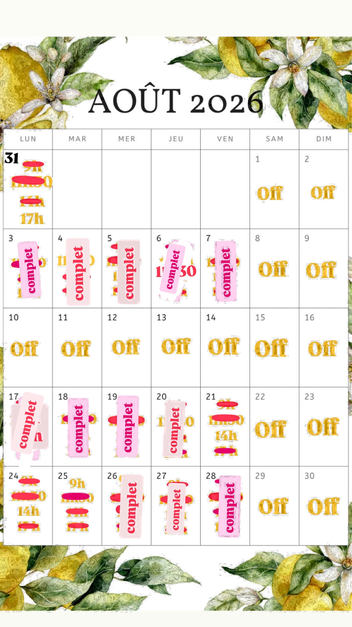 Planning disponibilités April Nail's - Prothésiste ongulaire Auxonne