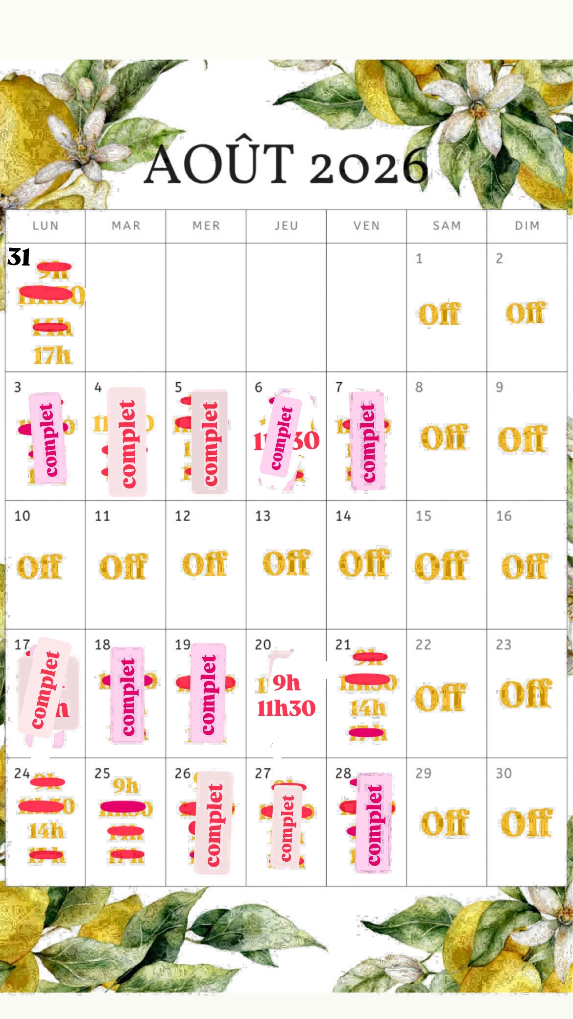 Planning disponibilités April Nail's - Prothésiste ongulaire Auxonne