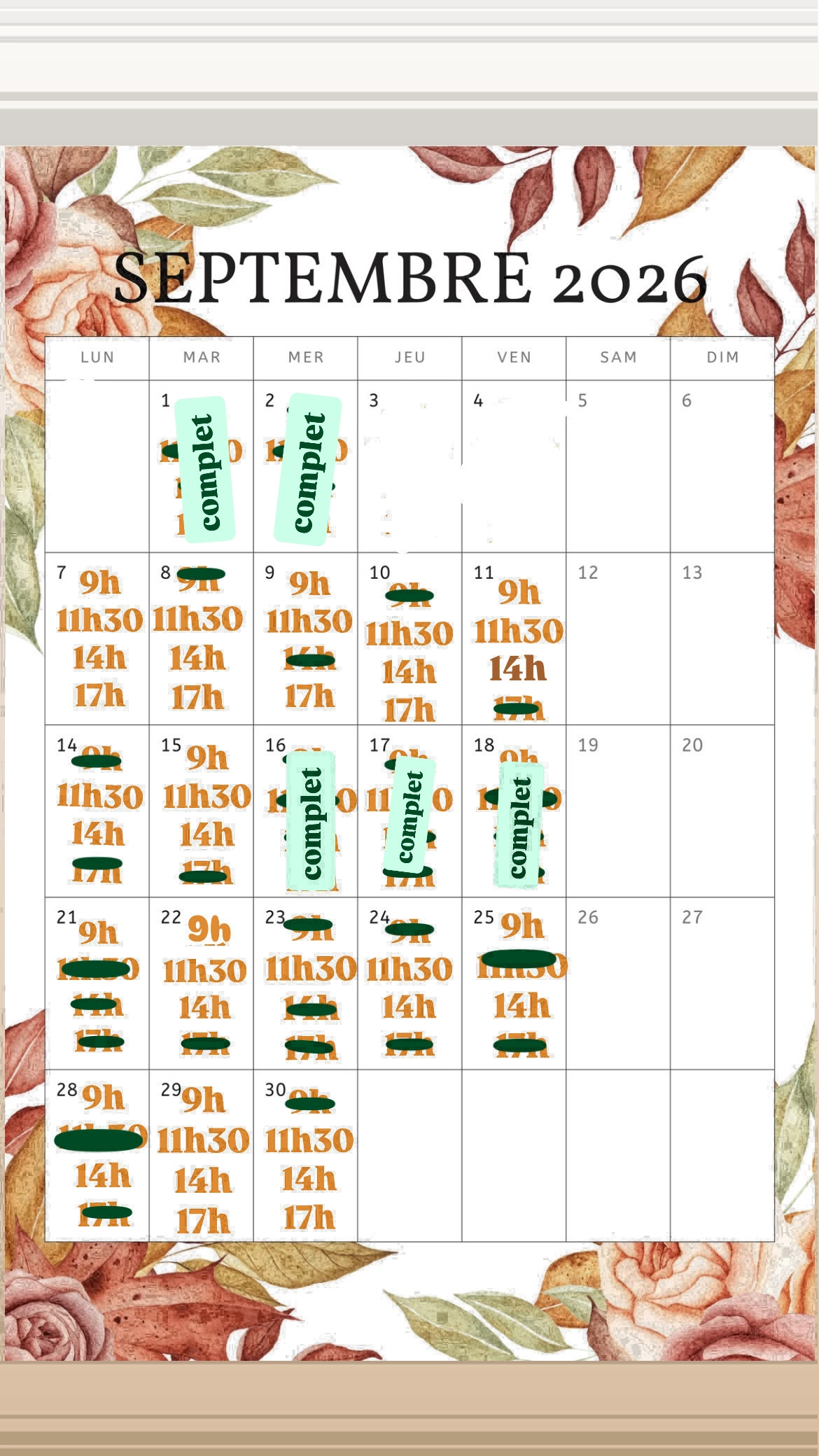 Planning disponibilités April Nail's - Prothésiste ongulaire Auxonne