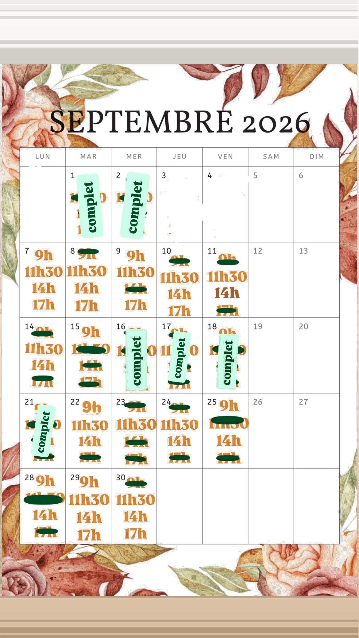 Planning disponibilités April Nail's - Prothésiste ongulaire Auxonne